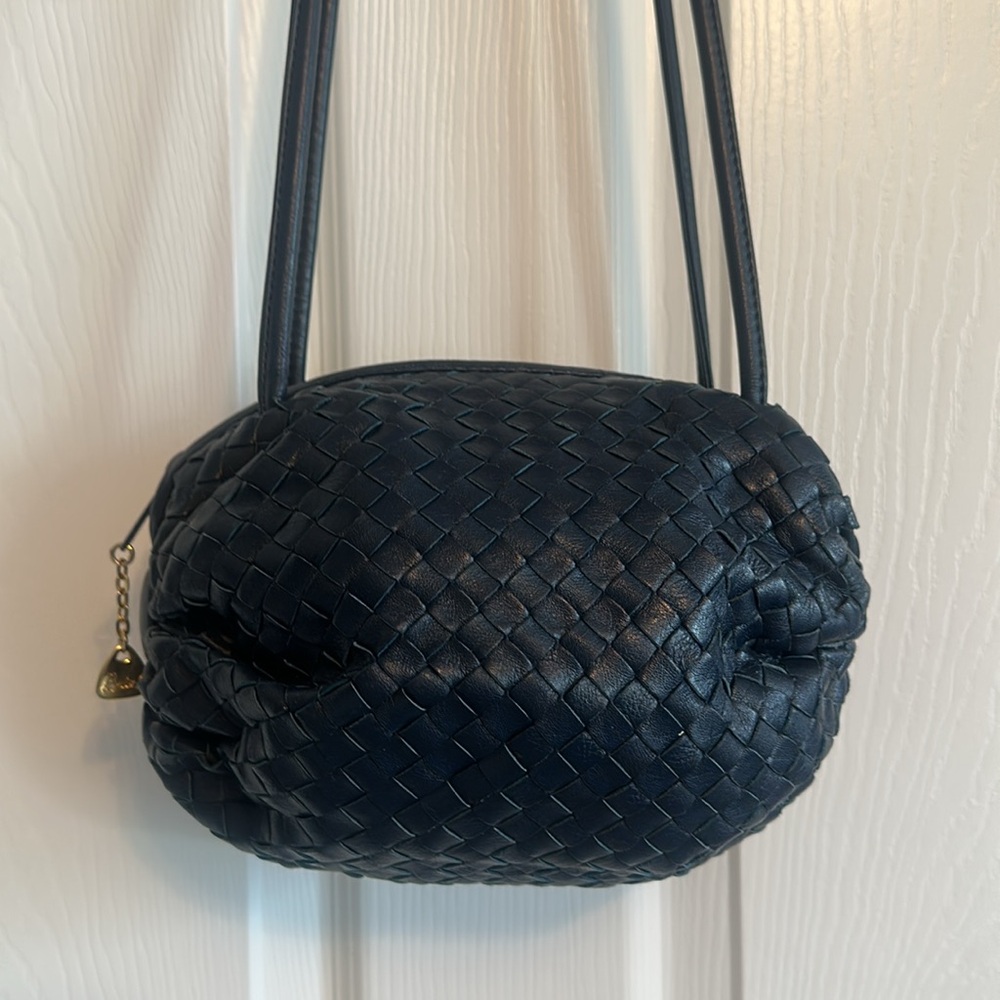 The Brio Navy Blue Woven Leather Shoulder Bag